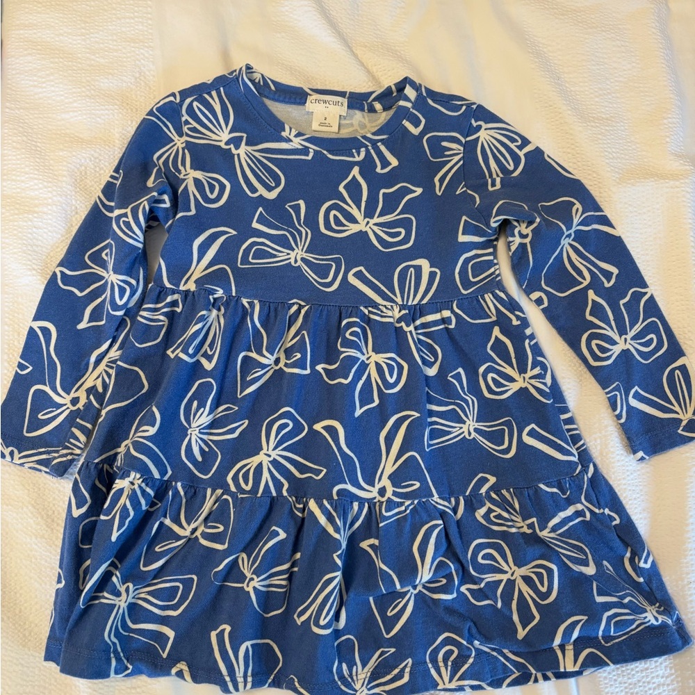 Crewcuts Royal Blue Bow-Print Tiered Long-Sleeve Dress